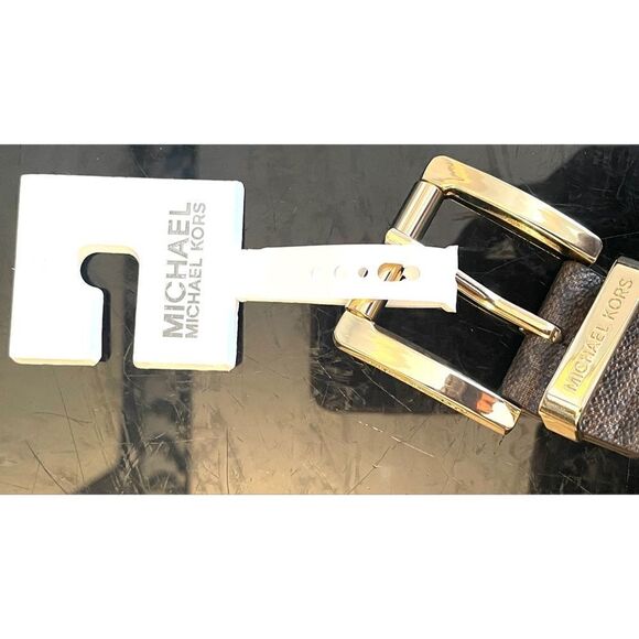 New MICHAEL KORS MK Logo Signature Square Gold Buckle Chocolate Belt Size M - Picture 4 of 6